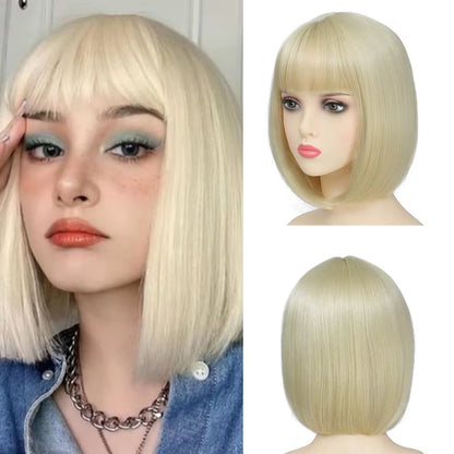Bob Black Synthetic Wigs Straight Cosplay Short Daily Natural Looking Hair Wig with Bangs Heat Resistant Fiber for Women Afro