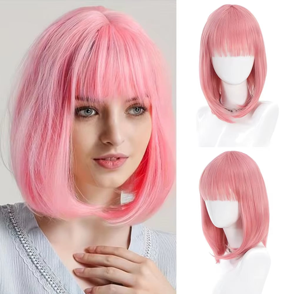 Bob Black Synthetic Wigs Straight Cosplay Short Daily Natural Looking Hair Wig with Bangs Heat Resistant Fiber for Women Afro