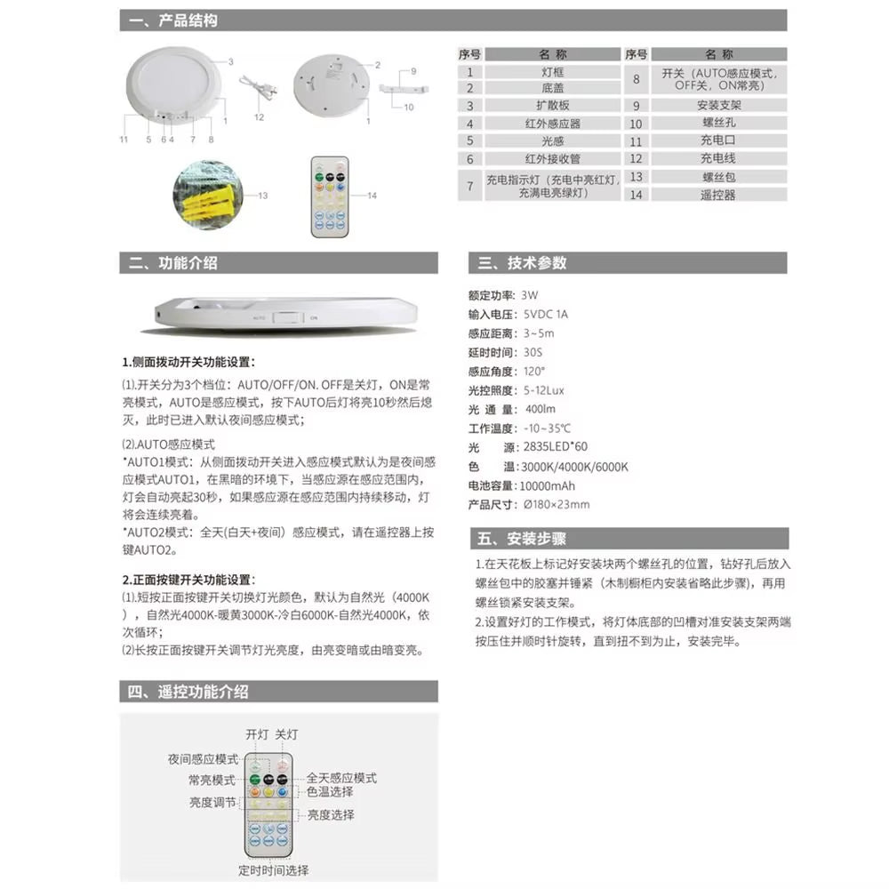 Round Motion Sensor Lights Wireless Induction 3 Color Ceiling Light with Remote Control Motion Activated LED Closet Lamp Hallway