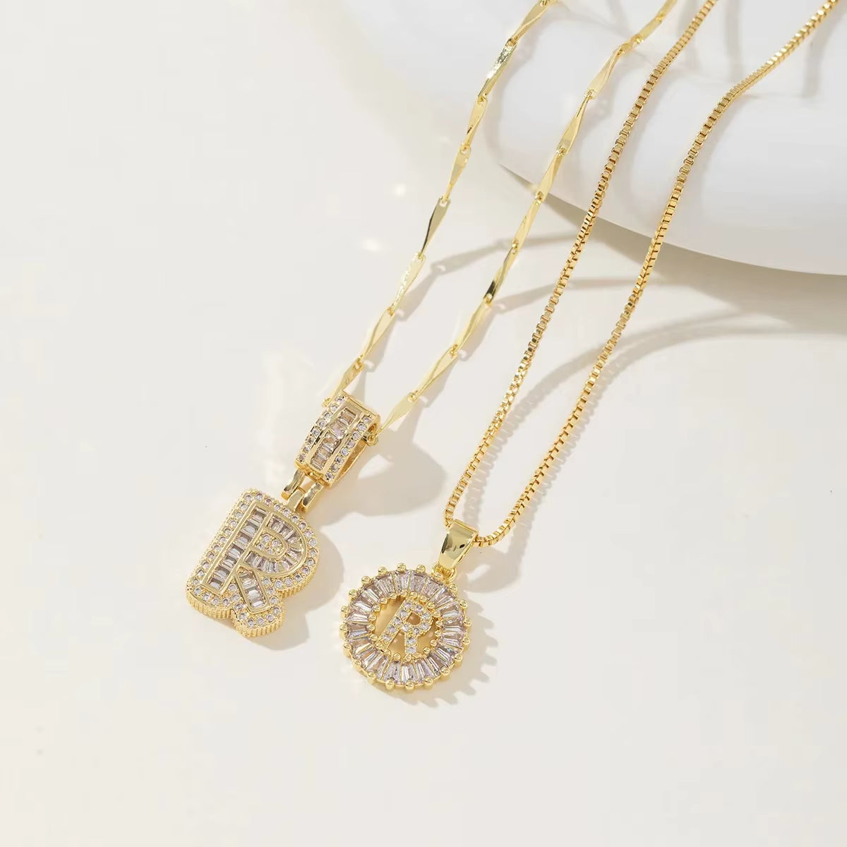 Copper 26 Alphabet Circular Dangles Zirconiaice Sugar Flower Pendant Necklaces Layering Combinationset Jewelry Accessories