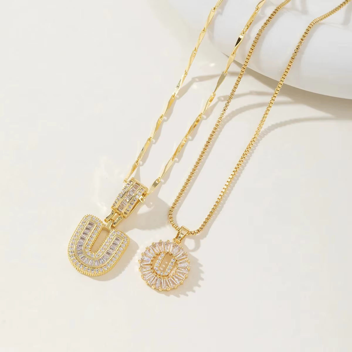 Copper 26 Alphabet Circular Dangles Zirconiaice Sugar Flower Pendant Necklaces Layering Combinationset Jewelry Accessories