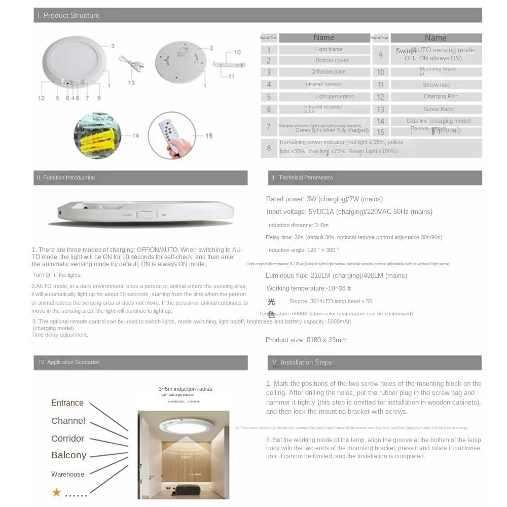 Round Motion Sensor Lights Wireless Induction 3 Color Ceiling Light with Remote Control Motion Activated LED Closet Lamp Hallway